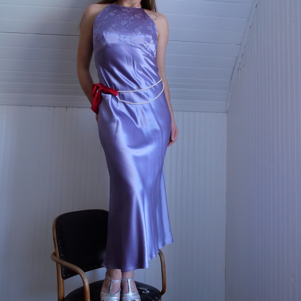 90s lilac satin Niki Livas bias‎ cut party dress